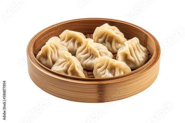 Obraz Chinese dumplings in bamboo steamer isolated on white background. png transparency