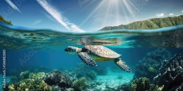 Fototapeta Meeresschildkröte schwimmt Unterwasser im Meer - Generative AI