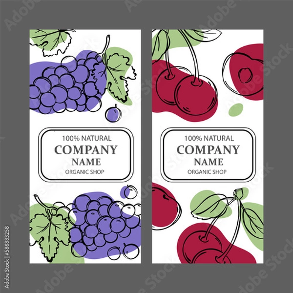 Obraz CHERRY AND GRAPE Label Templates Design Of Stickers For Shop Of Tropical Organic Natural Fresh Juicy Fruits Wine And Dessert Drinks In Vintage Vector Collection