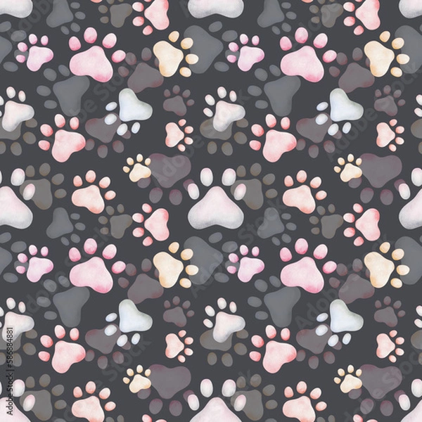 Obraz Watercolor seamless pattern. Hand painted illustration of colorful paws of dog, cat. Kitten, puppy footprints. Animal paw print. Wolf, fox paws. Print on black background for fabric textile, packaging