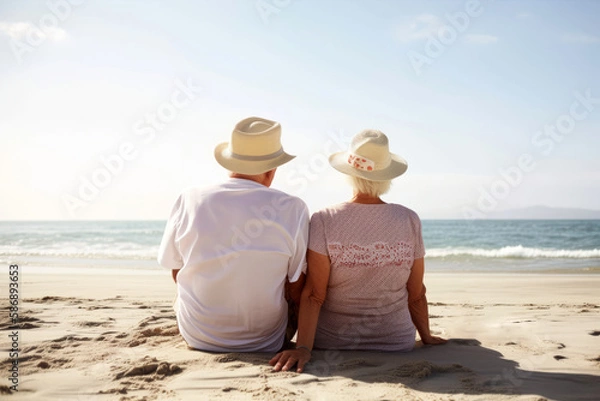 Fototapeta Altes Paar sitzt am Strand und schaut aufs Meer - Generative AI