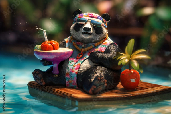 Fototapeta A jolly panda wearing a Hawaiian shirt and sunglasses, relaxing on a pool floatie with a fruity drink in hand and a big belly laugh