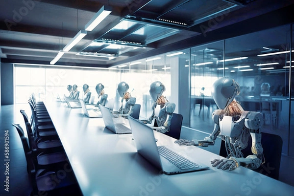 Fototapeta AI android robots working in open plan office. Generative AI