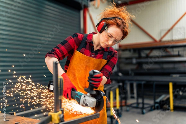 Fototapeta A self-employed worker is cutting a metal beam using a grinder, she is focused on her work and wearing protective gear