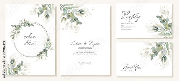 Fototapeta Set of rustic wedding invitations, rsvp and thank you cards with watercolor green leaves. Vector