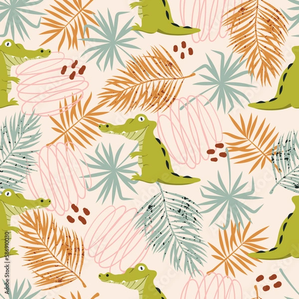 Fototapeta Seamless pattern with cute crocodiles and tropical leaves. Childish vector illustration