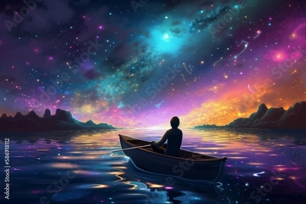 Fototapeta Man in boat near space. Fantasy art. Generate Ai