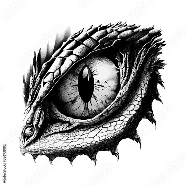 Fototapeta Dragon eye sketch, fierce and detailed image of mythical creature eye features a slit pupil, surrounded by scaly skin and scales. Hand drawn painting captures the intense look of a fiery reptile