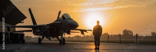 Fototapeta Military airforce fighter jet pilot near walking towards sunset. Top gun concept. Generative AI