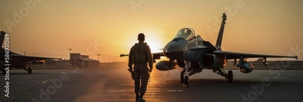 Fototapeta Military airforce fighter jet pilot near walking towards sunset. Top gun concept. Generative AI