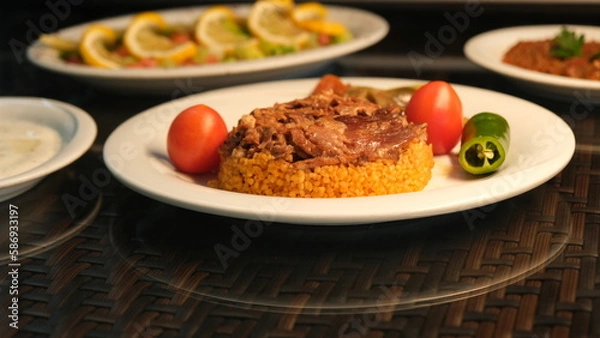 Fototapeta meat dish, rice and salad