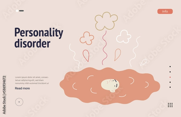 Fototapeta Mental disorders web template. Personality disorder- modern flat vector illustration of person who has lost their identity turned into a puddle. People emotional, psychological, mental traumas concept