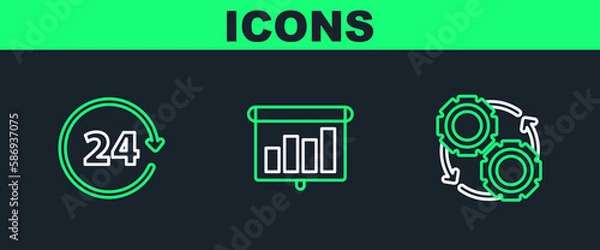 Fototapeta Set line Gear and arrows as workflow process concept, Clock 24 hours and Presentation financial board with graph, schedule, chart, diagram, infographic, pie graph icon. Vector