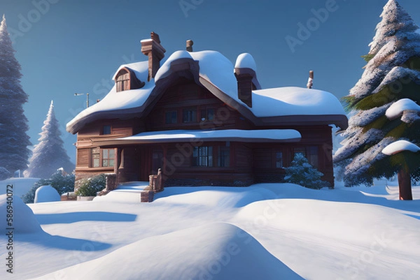 Fototapeta house in winder 3d rendered illustration, ai generated