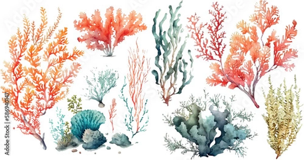 Fototapeta Set of vector watercolor seaweed and corals isolated on white. Sea theme, design element, decoration of water entertainment places, parks, beaches.