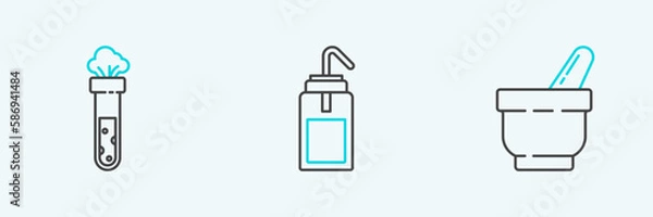Fototapeta Set line Mortar and pestle, Test tube flask chemical and Laboratory wash bottle icon. Vector