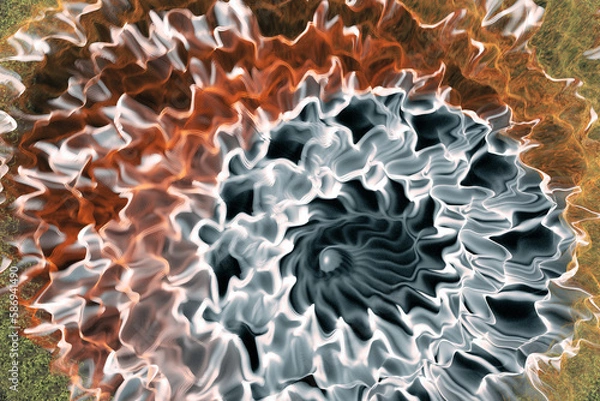 Fototapeta White orange pattern of crooked waves on a black background. Abstract fractal 3D rendering