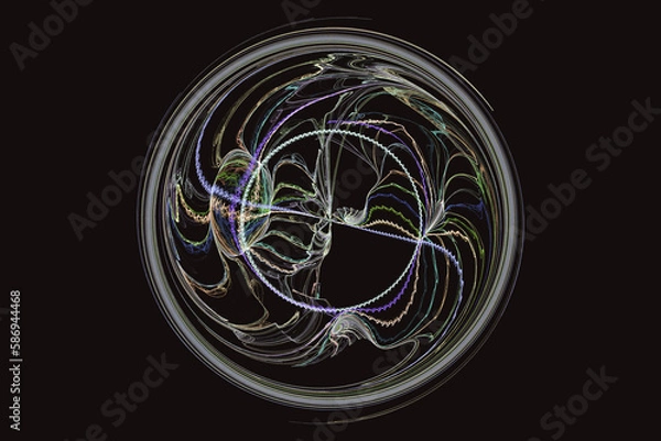 Fototapeta Gray round pattern of curved lines on a black background. Abstract fractal 3D rendering
