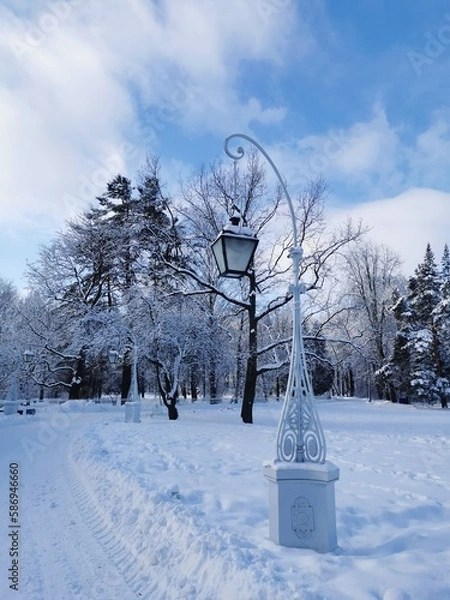 Obraz A beautiful, forged, street lamp against the background of a snow-covered tree and a blue sky with clouds in a city park in early spring in St. Petersburg.