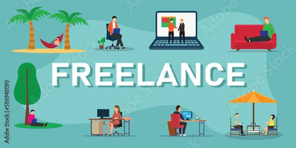 Fototapeta Working at home, coworking space, Feeelance work 2d vector illustration concept for banner, website, illustration, landing page, flyer