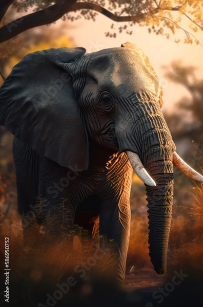 Fototapeta African bush elephant is walking across savanna under sunlight. Generative AI.