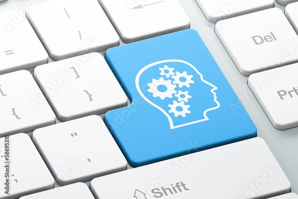 Fototapeta Data concept: Head With Gears on computer keyboard background