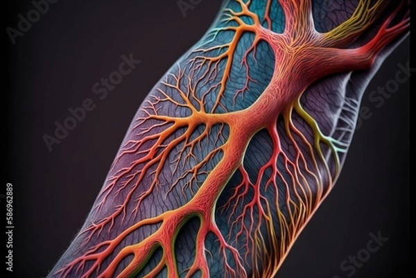 Fototapeta colorful tattooed arm, with a pattern that mimics the veins and arteries right elbow created with Generative AI technology