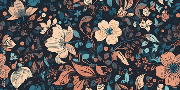 Fototapeta Full Frame Shot Of Vintage Beautiful Wallpaper With Floral Pattern, Illustration, black background  generative AI.