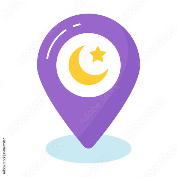 Fototapeta Crescent moon and star with location pin, vector design of map pin
