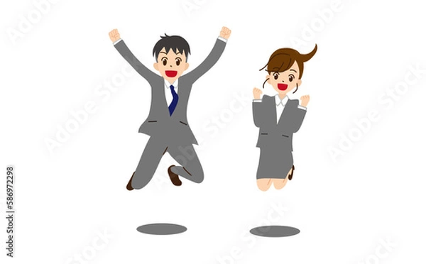 Fototapeta ジャンプするスーツの男女　ガッツポーズ　主線なし1