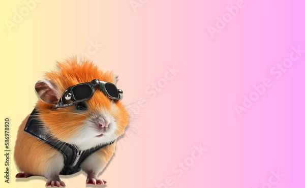 Fototapeta Cute punk rocker hamster, wearing sunglasses and a leather jacket, on banner with space for copy.