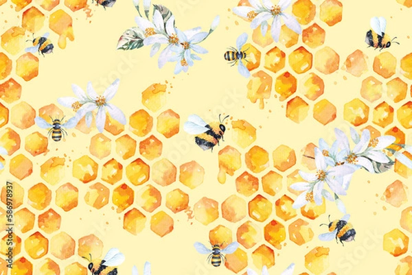 Obraz seamless pattern of bees and honeycomb and flowers with watercolor.Honey background.Designed for fabric luxurious and wallpaper, vintage style.Hand drawn floral pattern illustration.Botany garden.