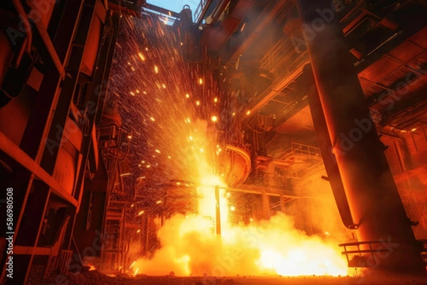 Fototapeta Blast Furnace, steel processing in a steel mill. Heavy industry. Created with Generative AI technology.