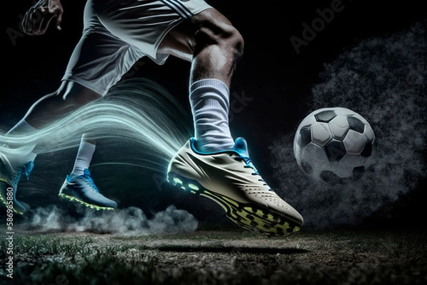 Fototapeta Athletic sneaker with a soccer sword on a dark background high impact speed. Generative AI