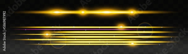 Obraz Set of yellow horizontal lens flares pack. Abstract light flares, laser beams, sparkling lined, horizontal light rays. Vector illustration.