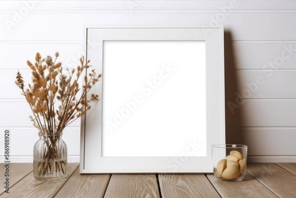 Fototapeta Empty picture frame up close. wood flooring Home and interior design from Scandinavia. artistic idea Imaginative scenario mockup. in front. dried flowers in a glass vase. Generative AI