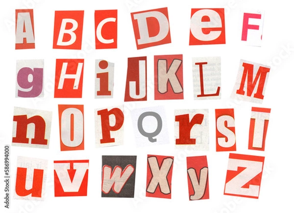 Fototapeta alphabet magazine cut out font, ransom letter, isolated collage elements for text alphabet. hand made and cut, high quality scan. halftone pattern and texture detail. newspaper and scraps
