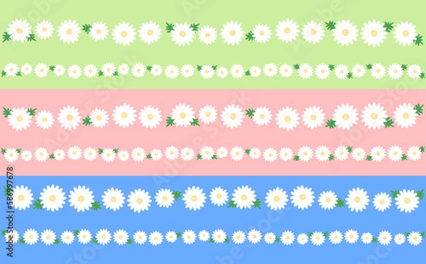 Obraz 一列に並んだ白いマーガレッット三色セット・大小 黄緑・ピンク・ブルー背景 イラスト素材 色違い・差分有