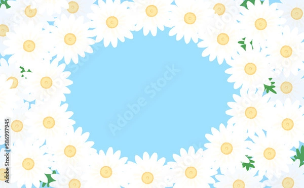Obraz 白いマーガレットの楕円形フレーム ライトブルー背景 イラスト素材 色違い・差分有