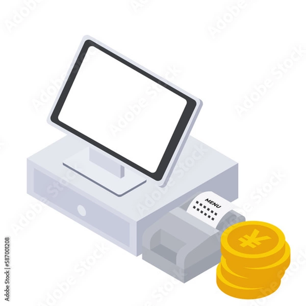 Fototapeta POSレジ・セルフレジと積み上げられたコインのアイソメトリックイラスト.