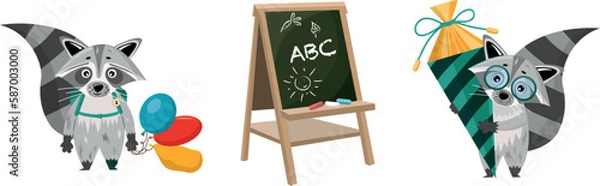 Obraz Back to school. Cartoon cute racoon goes to school with school cone. Vector illustration set.