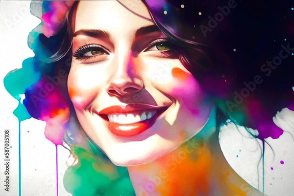 Obraz Watercolor style portrait of a smiling young woman. Generative AI