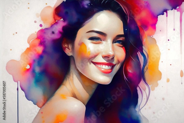 Obraz Watercolor style portrait of a smiling young woman. Generative AI