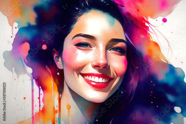 Obraz Watercolor style portrait of a smiling young woman. Generative AI