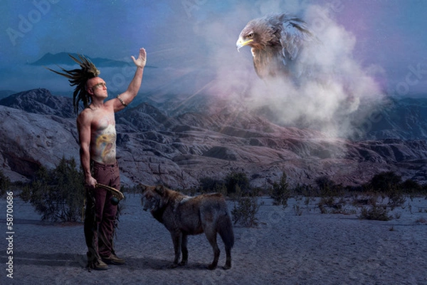 Obraz American Indian legend with wolf and eagle