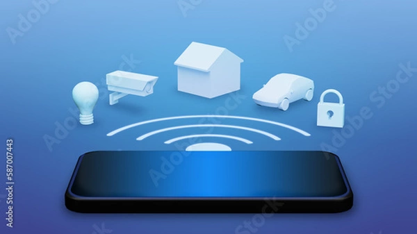 Obraz Smart home with smartphone. Internet of things texhnology.wireless connection network. IOT. 3d render