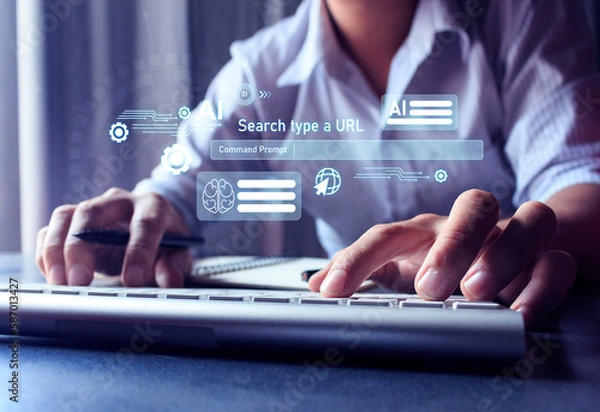 Obraz Businessman holding microchip processor with lights on the blue background. hologram digital chatbot, conversation assistant, AI Artificial Intelligence concept, digital chatbot on virtual screen.