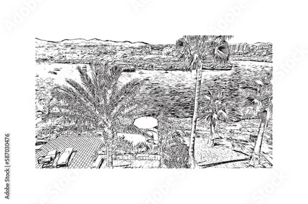 Fototapeta Building view with landmark of Porto Colom is a smallish town in Mallorca. Hand drawn sketch illustration in vector.