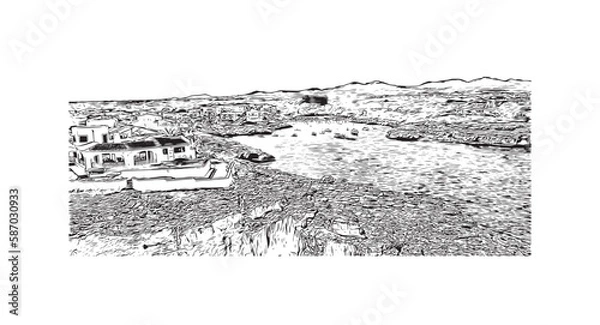 Fototapeta Building view with landmark of Porto Colom is a smallish town in Mallorca. Hand drawn sketch illustration in vector.