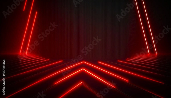 Fototapeta abstract geometric background with red neon light. Empty room with laser linear shape glowing in the dark. Generative AI